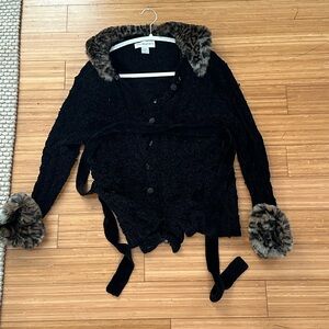 Black Vintage soft sweater with faux cheetah print fur trimming